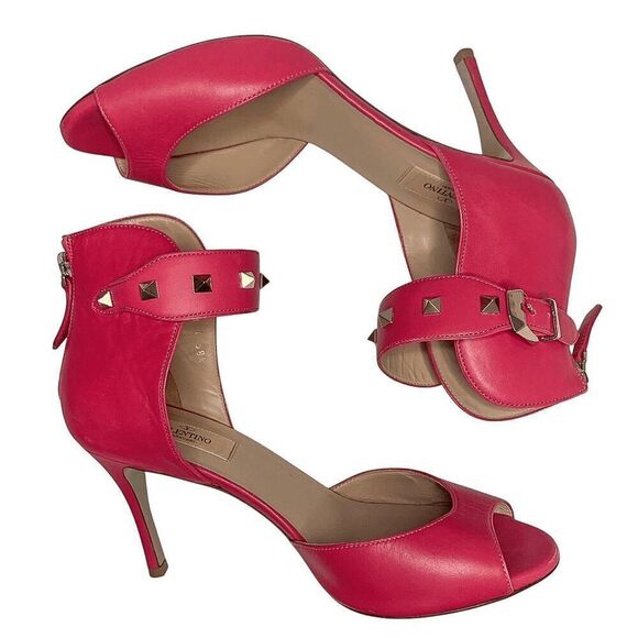 Valentino Garavani Leather Rockstud Ankle Strap Heels EU 38.5 US 8.5 Pink Pumps - Picture 6 of 11